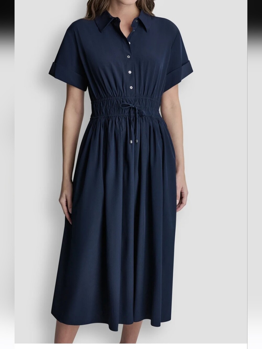 DKNY Womens Smocked Waist Commuter Shirt Dress NWOT Navy Blue Midi 12 10-12